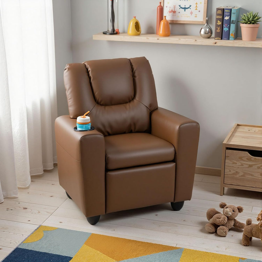 GLACER Kids Recliner with Cup Holder, PU Leather Toddler Lounge Chair w/Adjustable Backrest & Footrest, Spring-Loaded Seat Cushion, Push Back Toddler Sofa for Boys & Girls Ages 3+ Years Old (Brown)