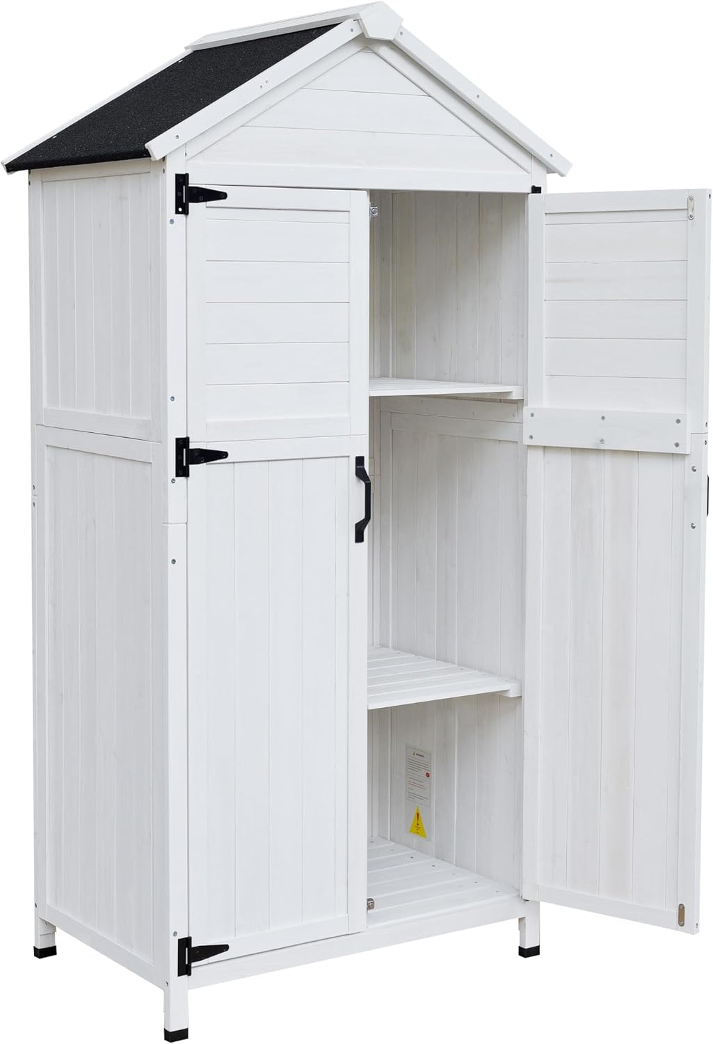 GDFStudio 67' Fir Wood Storage Shed 2 Doors Design Outdoor Tool Storage House Cabinet with Sloped Roof & 4 Interior Compartments for Garden Patio Backyard, White