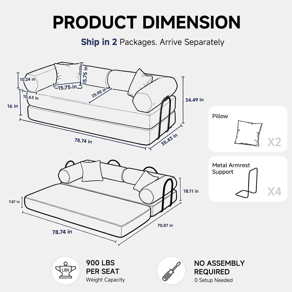 79' Boneless Couches for Living Room, Corduroy Sofa Bed with 2 Pillows,Side Pockets,Hex Arm, 5-in-1 Loveseat Sleeper Sofa for Small Spaces, High-Density Foam Couch, No Assembly, Brown