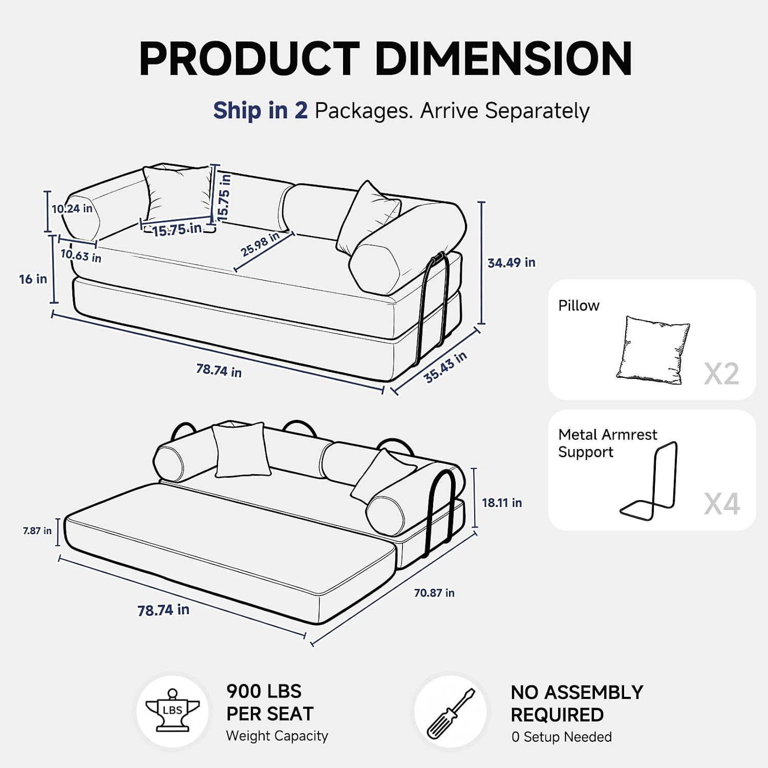 79' Boneless Couches for Living Room, Corduroy Sofa Bed with 2 Pillows,Side Pockets,Hex Arm, 5-in-1 Loveseat Sleeper Sofa for Small Spaces, High-Density Foam Couch, No Assembly, Brown