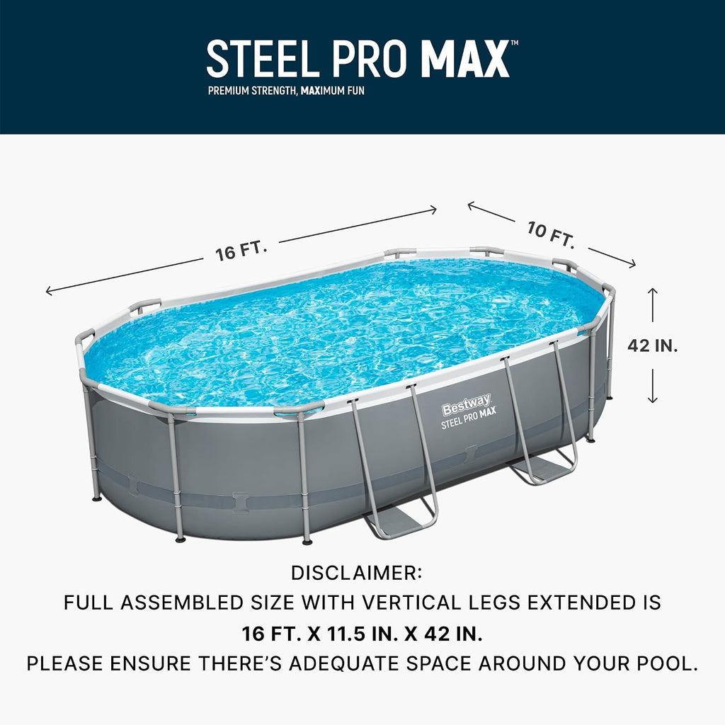 Bestway Steel Pro MAX 16' x 10' x 42' Above Ground Pool, Oval Metal Frame Outdoor Swimming Pool Set with Filter Pump, Ladder, and Cover, Gray
