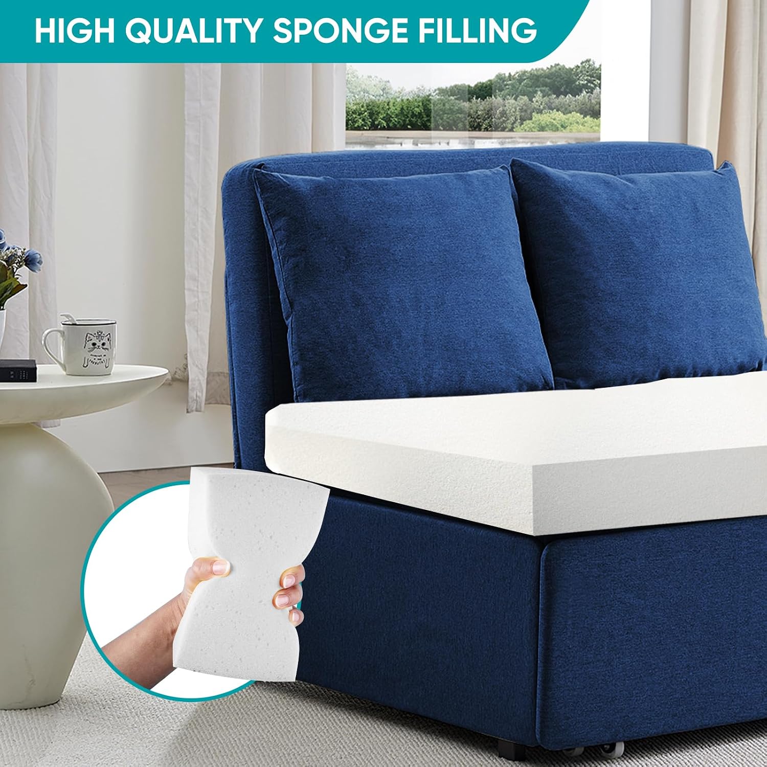 BALUS 43' Width Twin Pull Out Sofa Bed Sleeper Couch with Pullout Beds, 2 in 1 Convertible Linen Sleepers Sofa Single Chair with Pillows and 3.9' Foldable Mattress for Small Space Apartment Loft, Blue