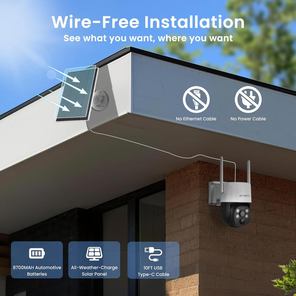 XMARTO Solar Camera Outdoor Wireless, 4 PCs QHD 4MP Wireless PTZ Security Camera System with 4K 10CH Expandable WiFi NVR, All-Weather Solar Charge, Two-Way Audio, PIR Sensor, 360° View, No Monthly Fee
