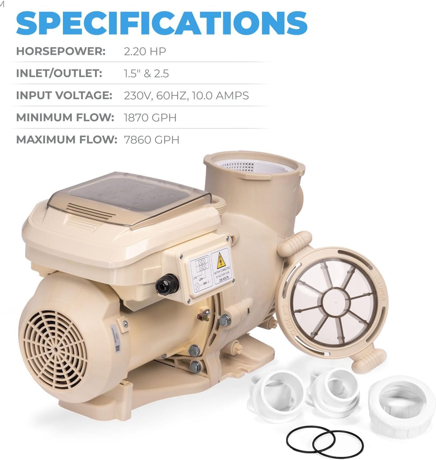 XtremepowerUS 2HP SuperFlow Variable Speed Swimming Pool Pump 230V, InGround 7,860 GPH 1.5' 2' Fitting Adapter, Self Priming Compatible EC-342001 Max 2.2HP