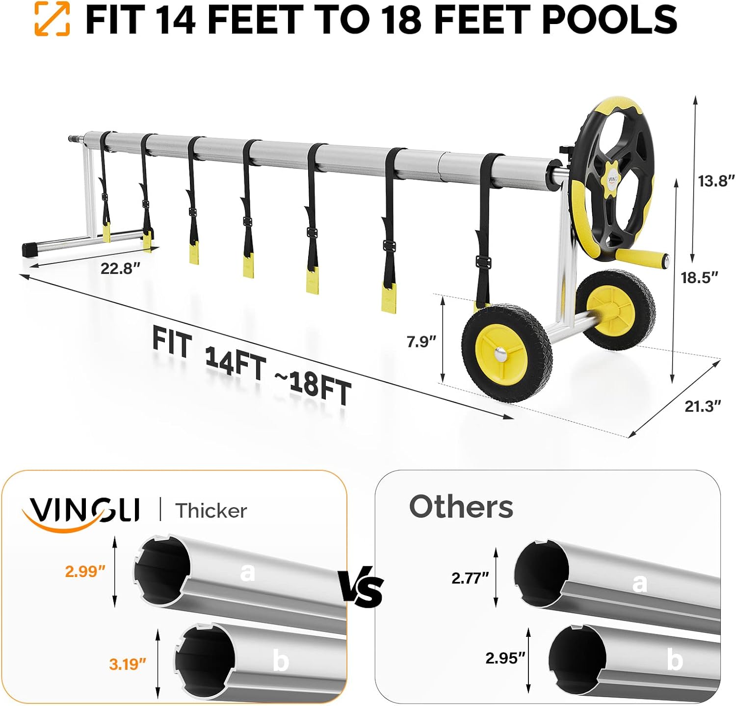 VINGLI Pool Cover Reel Set Solar Pool Cover Reel for Inground Swimming Pool, Aluminum Solar Swimming Inground Cover Blanket Reel (Upgrade) (18 FT)