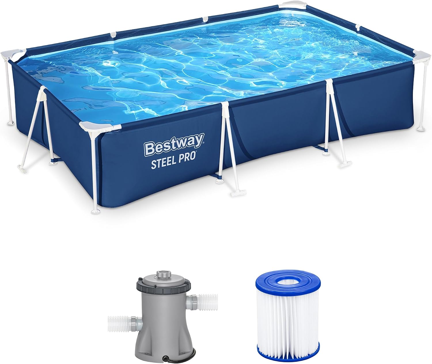 Bestway Steel Pro 9.8' x 6.6' x 26' Above Ground Pool, Rectangular Metal Frame Outdoor Swimming Pool Set with Filter Pump & Type I Cartridge, Blue