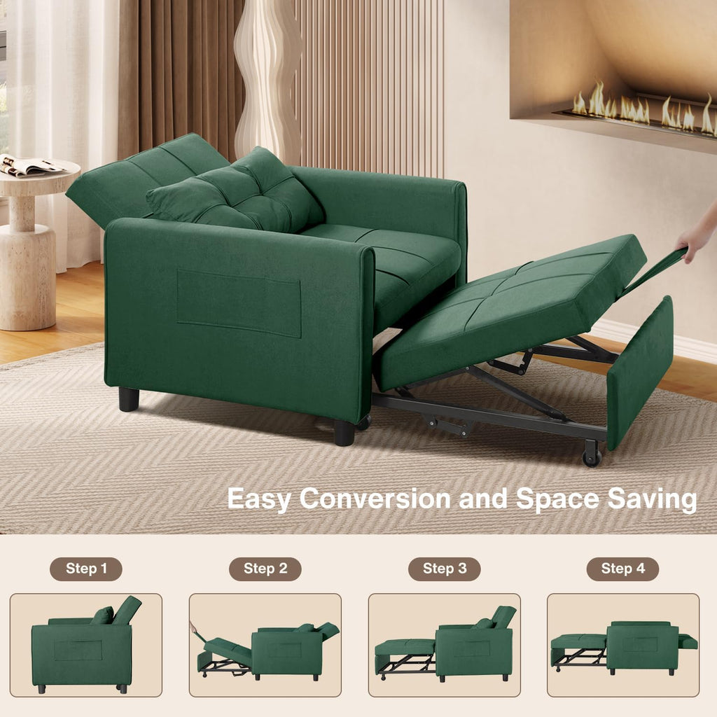 Aiho Convertible Sleeper Chair with Pillow & Pocket, 3-in-1 Sofa Bed in Modern Linen Fabric for Apartment, Green