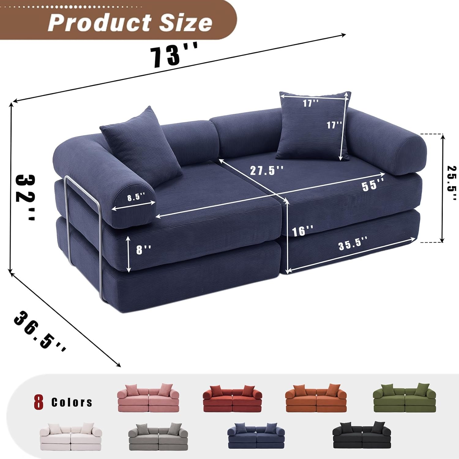 73' Convertible Modular Folding Sofa Bed, 5-in-1 DIY Combination Fold Out Sleeper Sofa Bed, Loveseat sleeper Couch with Removable Armrests, Corduroy Floor Couch, Small couches for small spaces, Blue