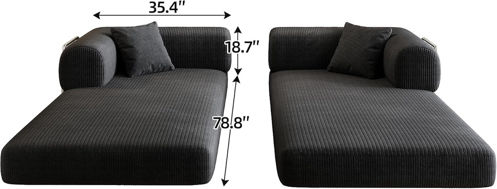 79' Convertible Sofa Bed, Corduroy Folding Pull Out Couch with Pillows, No Assembly Modern Boneless Couch Compression Sofa in Box, Floor Sofa with Support Rods for Living Room,Black
