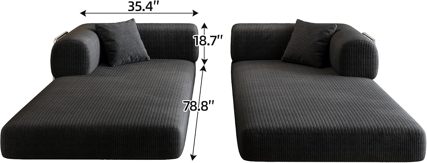 79' Convertible Sofa Bed, Corduroy Folding Pull Out Couch with Pillows, No Assembly Modern Boneless Couch Compression Sofa in Box, Floor Sofa with Support Rods for Living Room,Black