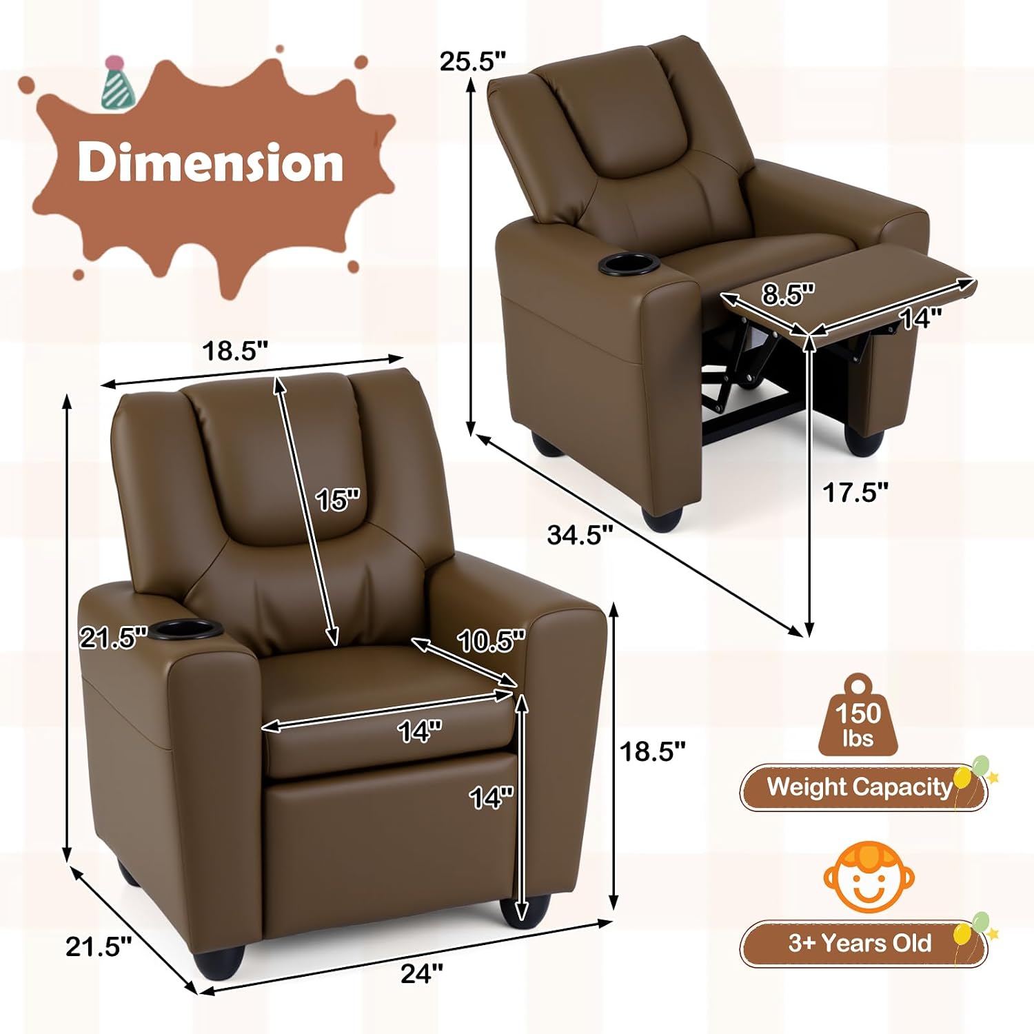 Costzon Kids Recliner Chair with Cup Holder, Toddler Adjustable Lounge Chair w/Footrest for Boys Girls Room, Ergonomic Baby Child Furniture Sofa for Age 3+ Gifts, Kids Mini Recliner up to 150 lbs