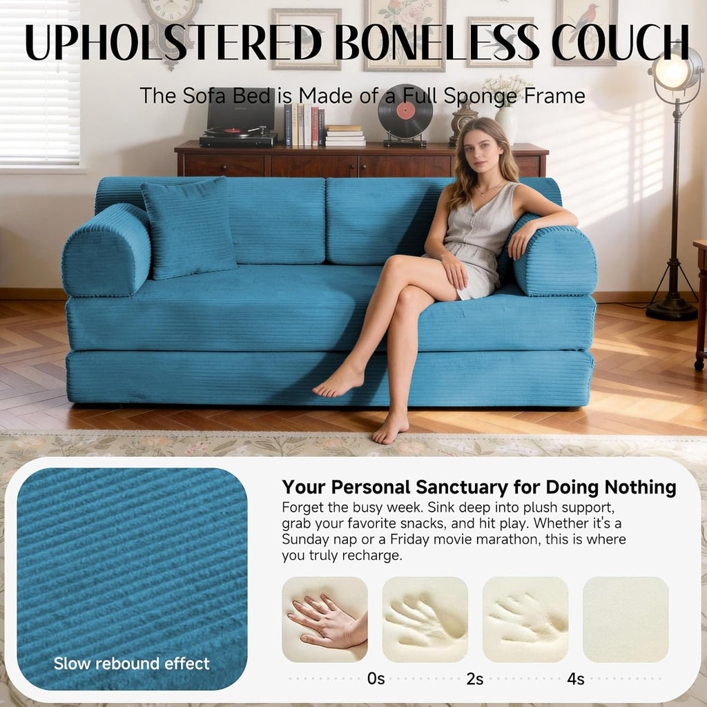 78.8' Convertible Sofa Bed with Detachable Arm Pillow, 6-in-1 Sectional Couches for Living Room, Corduroy Boneless Couch, Sleeper Loveseat Couch Bed, No Assembly, Azure Couch