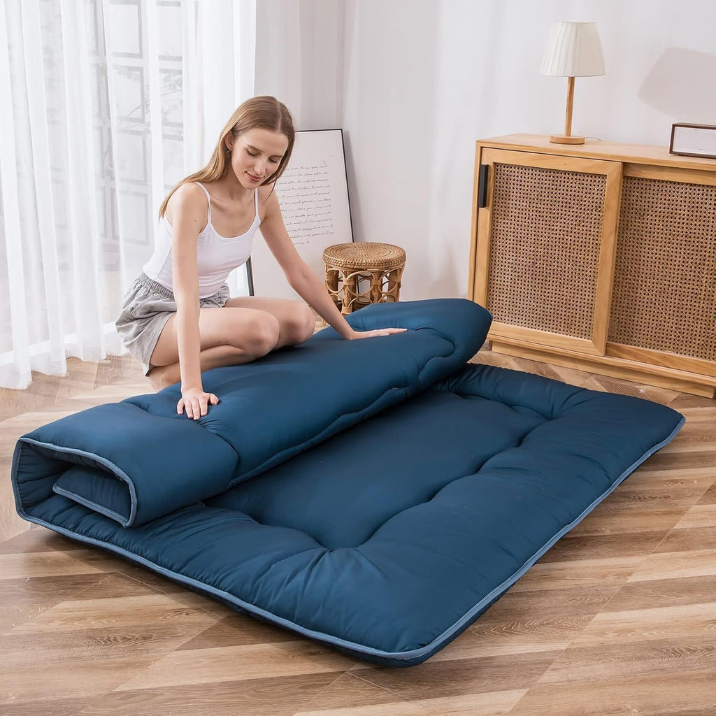 MAXYOYO Japanese Floor Mattress Futon Mattress, Thicken Sleeping Pad Foldable Roll Up Floor Futon for Adults Tatami Mat Dormitory Lounger, Bluestone, Queen Size