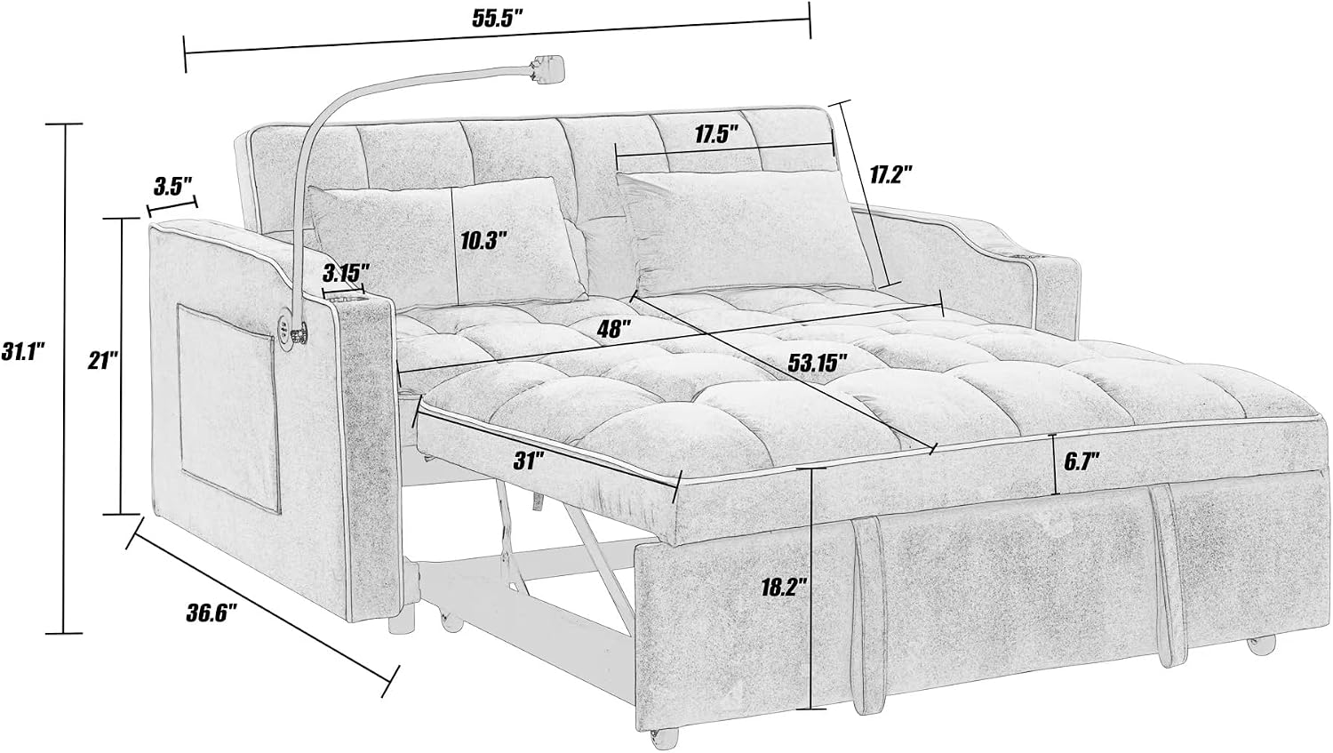 Merax Foldable Sofa Bed with 2 USB Charging Ports, Pull Out Velvet Loveseat Sleeper with Phone Holder, Modern Futon Couch with Cup Holders & Adjustable Backrest for Living Room,Grey