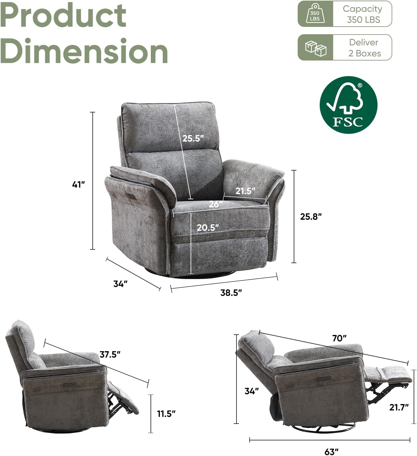 Oversized Power Recliner Chair Swivel Glider with Massage and Heat, Rocker Nursery Recliner for Adults with Adjustable Headrest, 26' Extra Wide Nursery Chair with Overstuffed Armrest, Dark Grey
