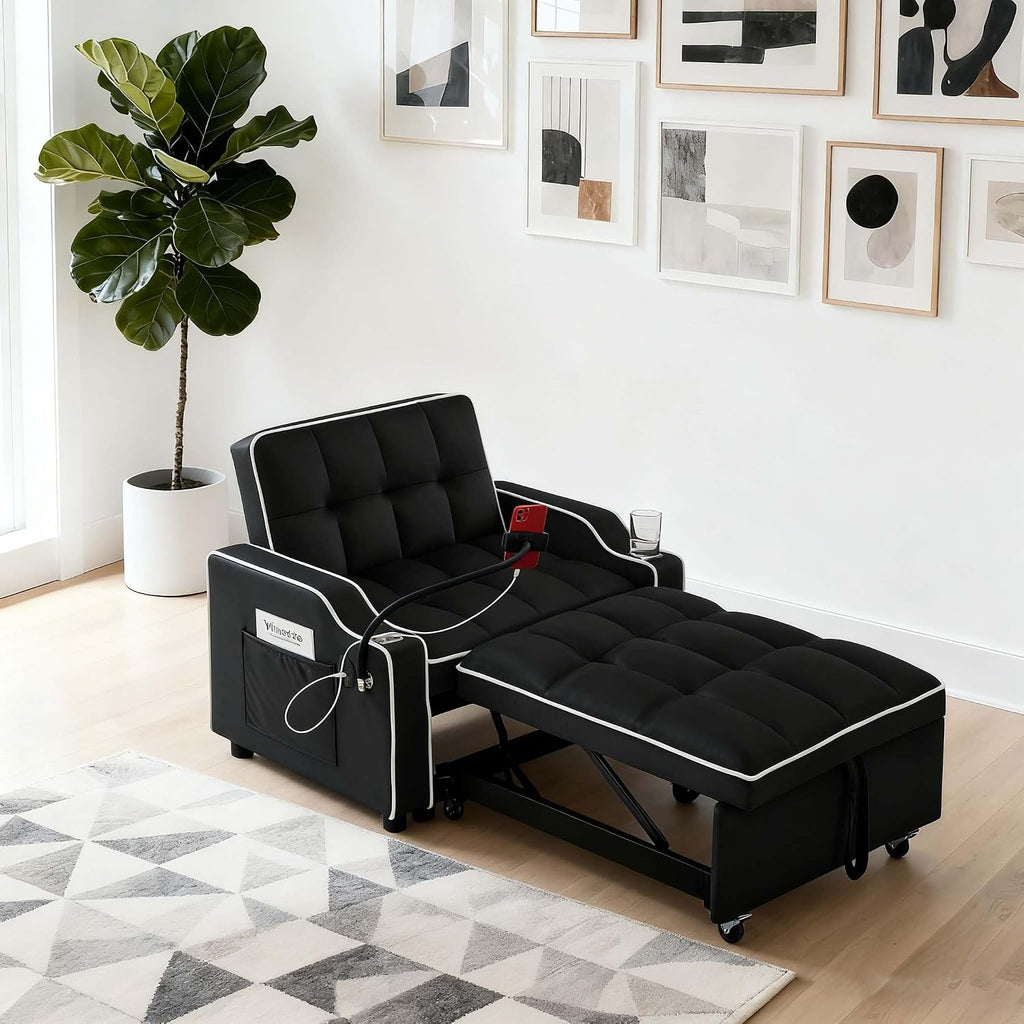 Convertible Armchair Sofa Bed with USB Port & Phone Holder, Pull-Out Single Chair Bed Sleeper for Small Spaces, Modern Upholstered Recliner Chair (Black)
