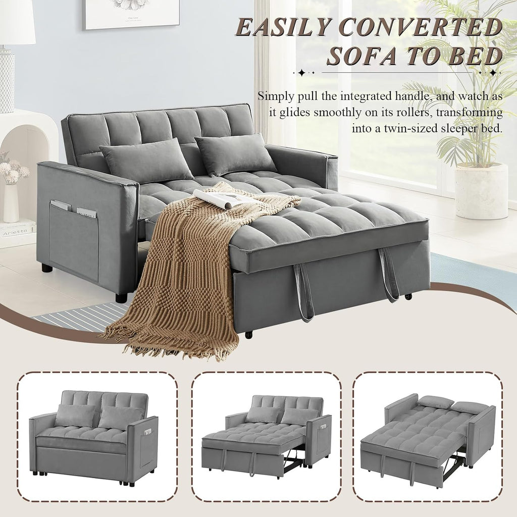 3 in 1 Convertible Sleeper Sofa Bed, Futon Couches for Living Room with Side Pocket/Adjustable Backrest, Velvet Upholstered Pull Out Couch, Small Loveseat Sofa Bed for Bedroom Office Small Spaces