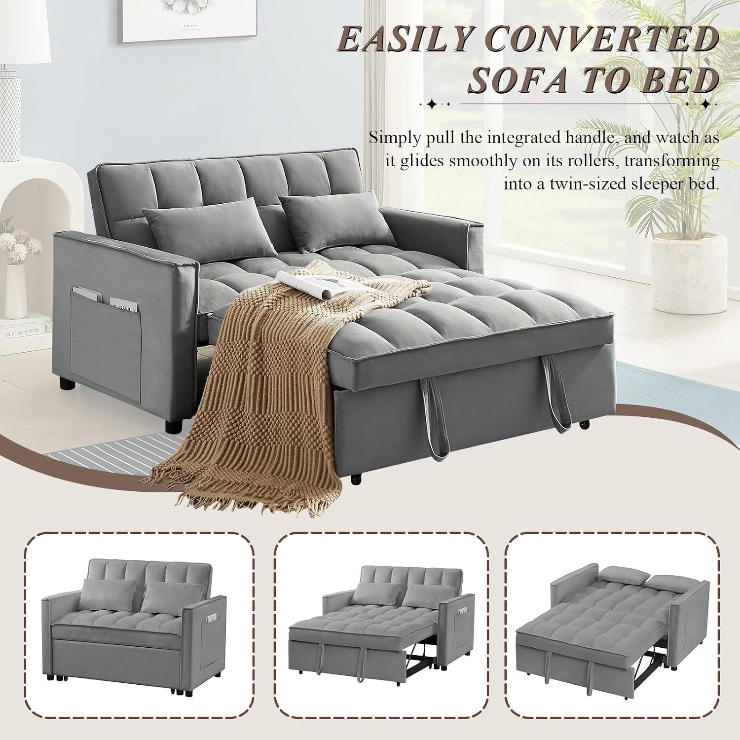 3 in 1 Convertible Sleeper Sofa Bed, Futon Couches for Living Room with Side Pocket/Adjustable Backrest, Velvet Upholstered Pull Out Couch, Small Loveseat Sofa Bed for Bedroom Office Small Spaces