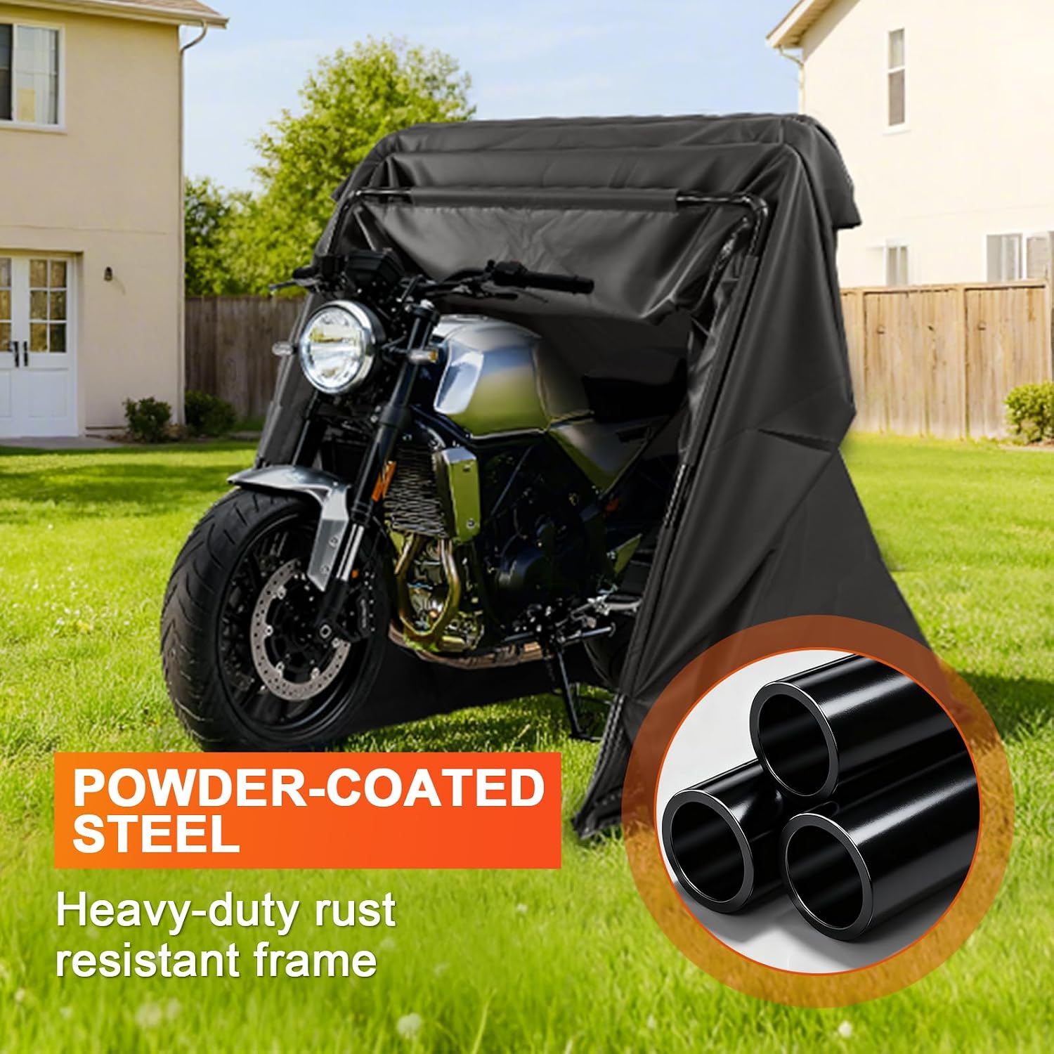 Motorcycle Cover Shelter Storage, 110' x 47' x 63', with Lock & Carry Bag, Heavy Duty 600D Oxford Vehicle Shed Cover Garage Tent with 2 Roll-Up Side Windows - Black