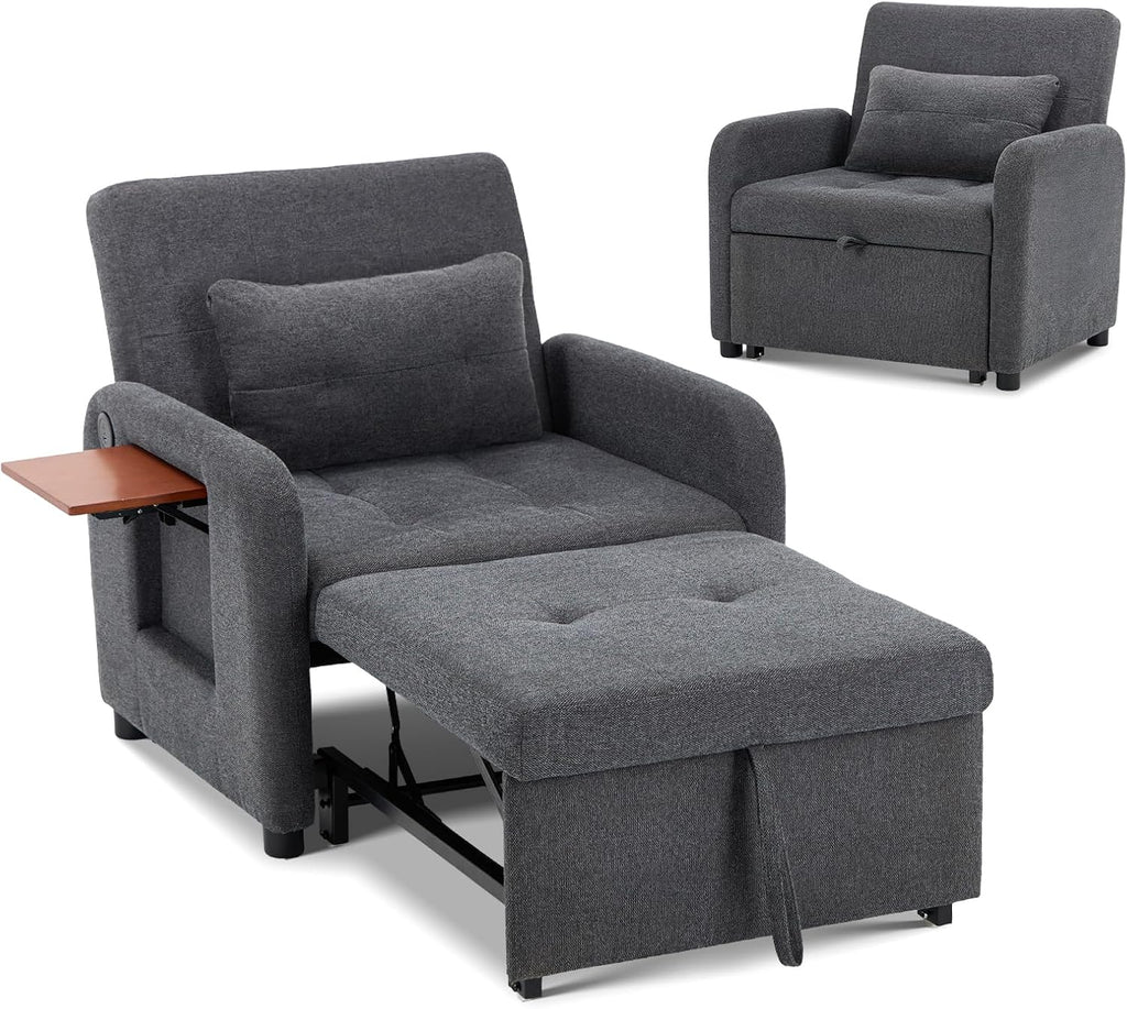 COLAMY Convertible Sleeper Chair-Fabric Futon Sofa Bed, Single Sleeper Sofa, Small Couch Bed with USB Port, Foldable Table, Pillow, Adjustable Backrest for Dorm/Bedroom/College Darkgrey