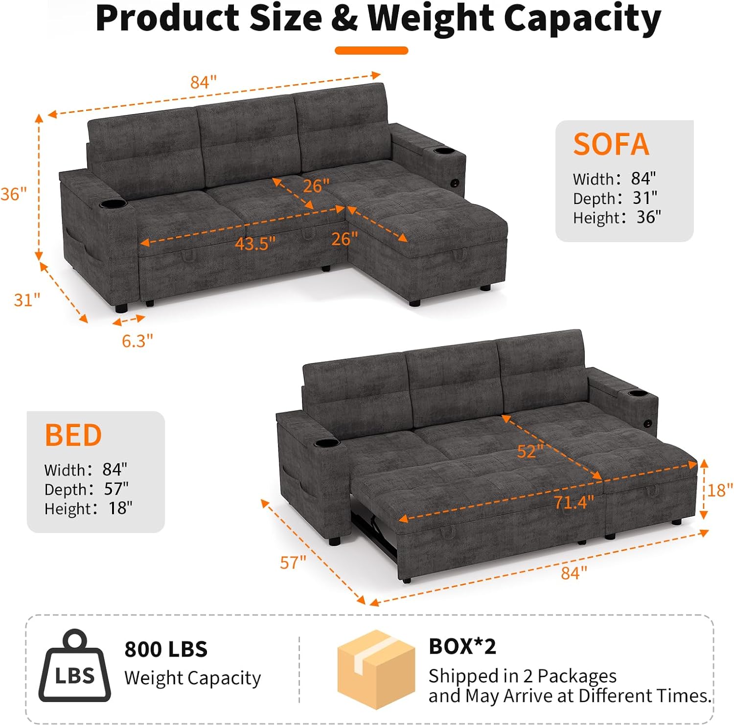 IDEALHOUSE Couches for Living Room, 84'' Sofa Bed，l-Shaped Sectional Sleeper Sofa with Pull Out Bed，Reversible Storage Chaises， Hidden Storage Armrests，Cup Holders & USB Charging Ports