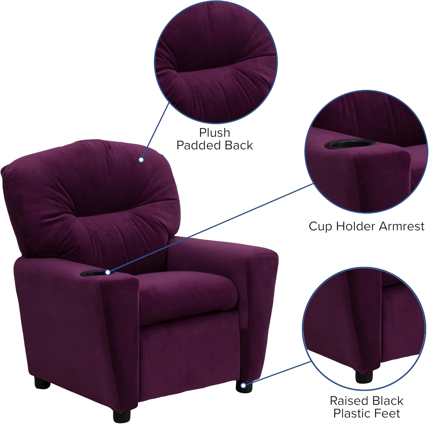 Flash Furniture Chandler Microfiber Kids Recliner with Cup Holder and Safety Recline, Contemporary Reclining Chair for Kids, Supports up to 90 lbs., Purple