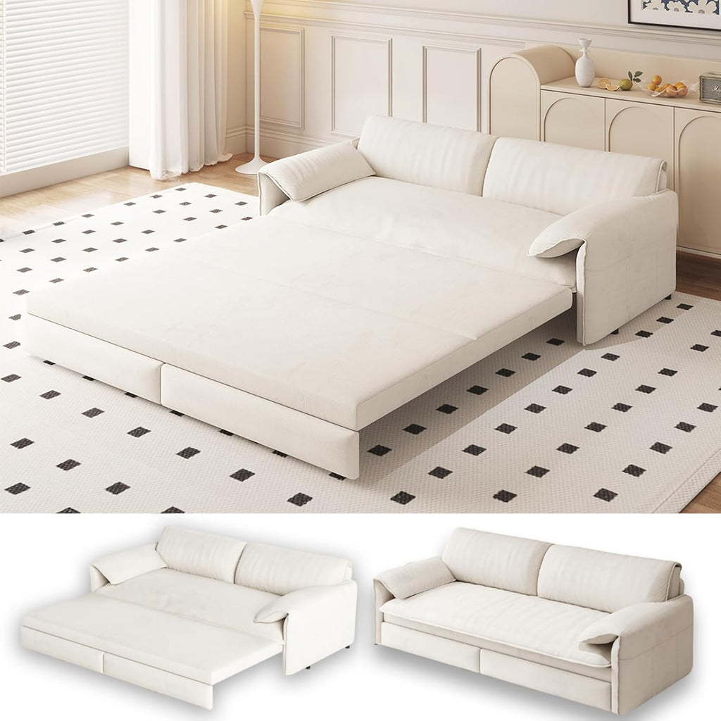 66' Sofa Bed Queen Size, Pull Out Couch Bed, 3-in-1 Convertible Sleeper Sofa with Side Pocket, Modern Velvet Futon Couch for Living Room, Small Space, Apartment, Bedroom, Beige