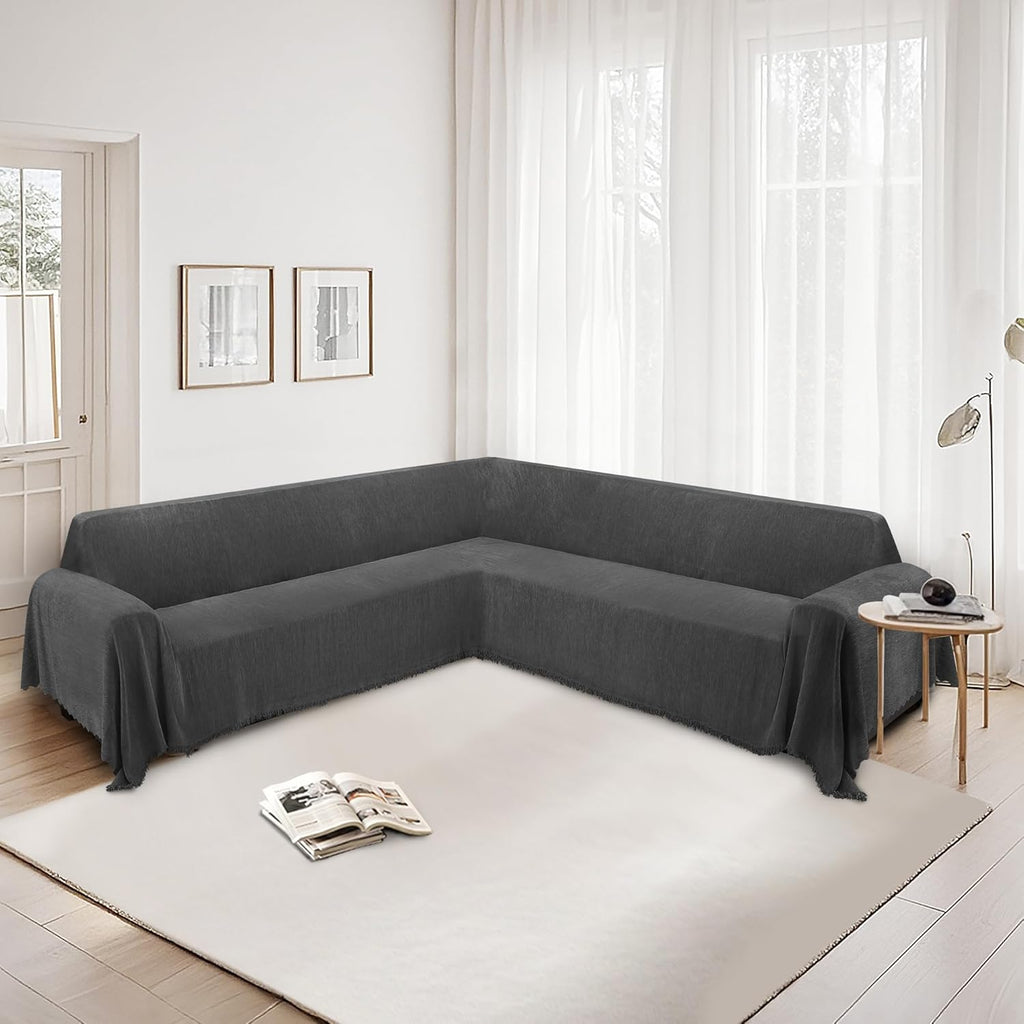 HDCAXKJ Corner Sectional Couch Covers for Dogs L Shape Sofa Cover with Tassel Chenille Super Soft Non Slip U Shaped Couch Cover Blanket Washable Sectional Slipcover Protector (Dark Gray, 91x276 inch)