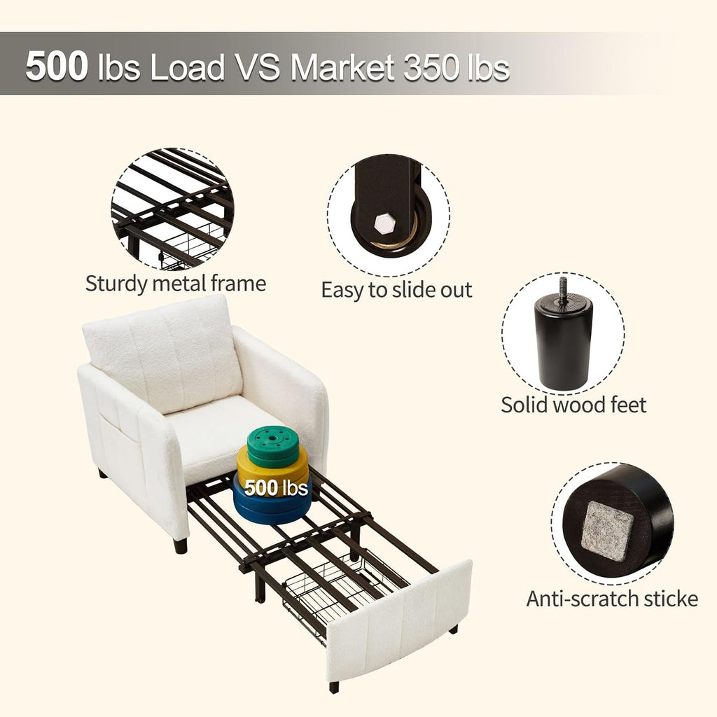 ZZW Sleeper Chair 84' Extra Long Convertible Chair Bed Upgraded 3-in-1 to 4-in-1 Pull Out Chair & Single Sofa Bed for Adult Sleeping Chair for Living Room & Small Space (White)