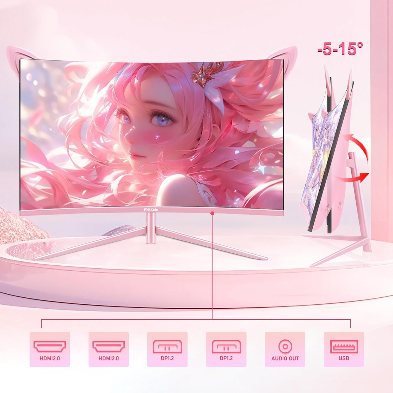 FYHXele FY27QHP Pink Monitor 27 Inch Curved Gaming 165Hz - Support 144Hz 1800R 1ms QHD 2560 x 1440P VA Screen, Built-in Speakers, AMD Free-Sync, HDMI, DP, USB, AUX, Tilt Adjustable