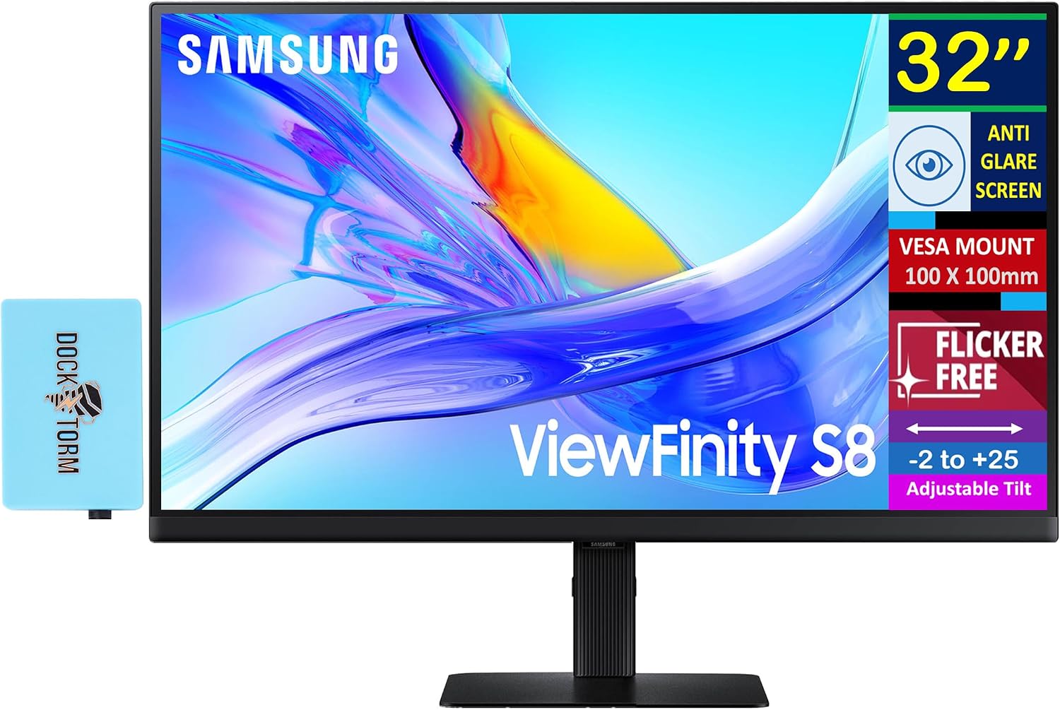 Samsung 32' ViewFinity S8 (S80UD) 4K UHD VA Monitor with HDR10, Built-in KVM Switch, USB-C, Anti Glare, Flicker Free, VESA Mount (100 mm), Displayport, HDMI & DKZ Port Expander, Black (LS32D802UANXGO)