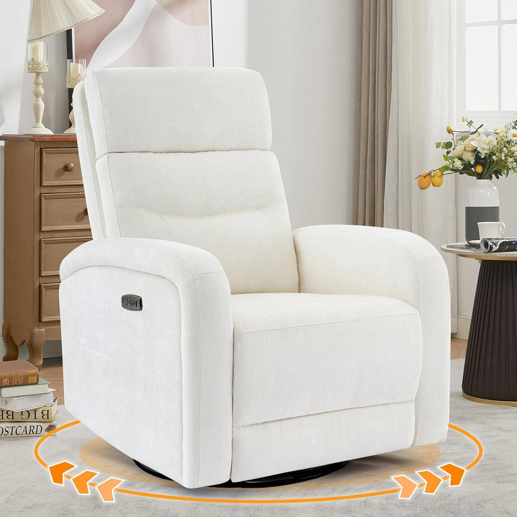 Power Glider Recliner Nursery Chair,Swivel Rocker Recliner with Adjustable Backrest Support,Chenille Nursery Rocking Chairs Recliner with USB and Type-C Ports for Nursery Living Room(Cream White)