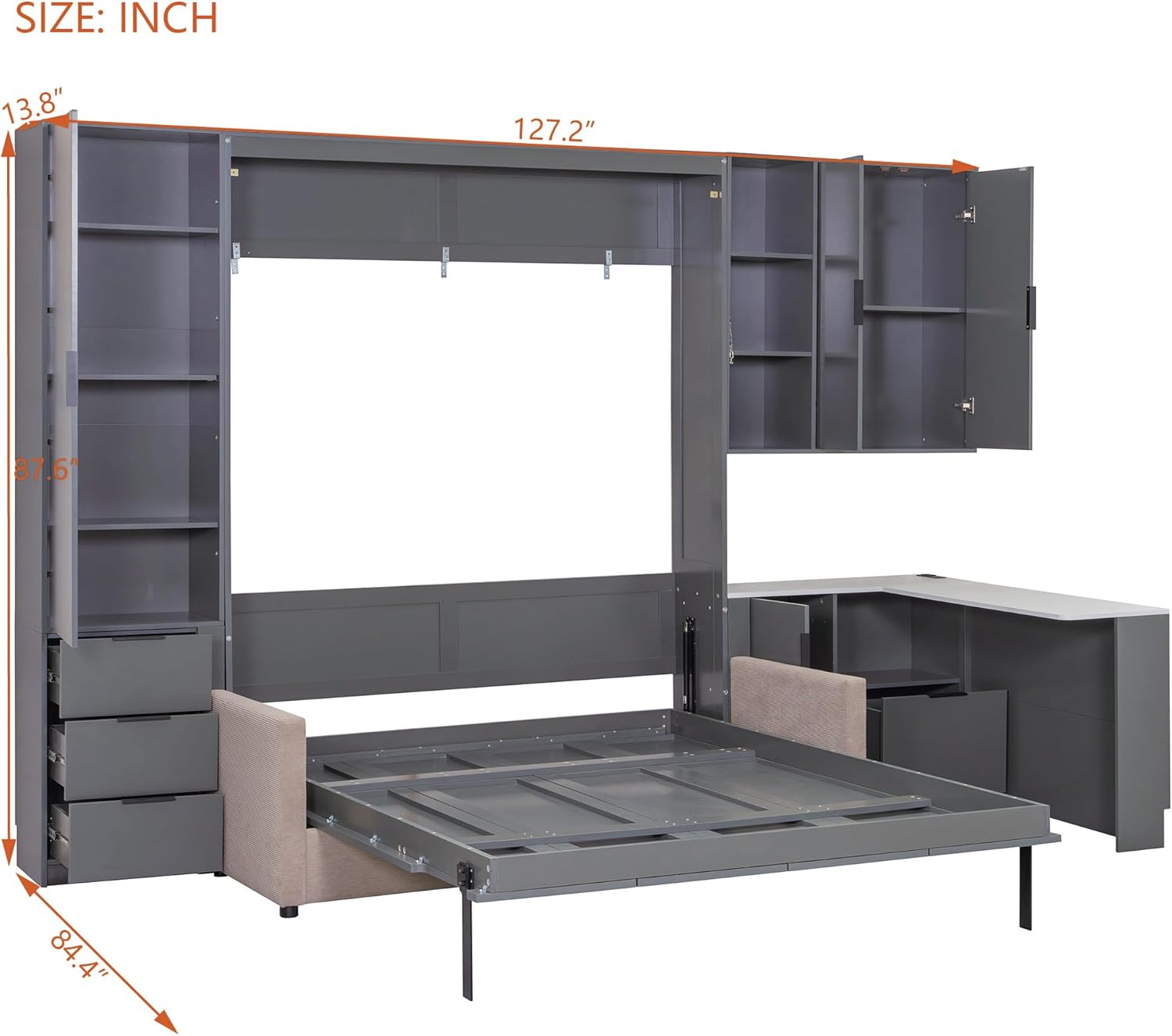 Merax Queen Size Wood Murphy Bed with Upholstered Sofa & Desk, Multifunctional Foldable Wall Platform Bed w/USB Charging Station for Guest-Room, Bedroom, Space Saving, Gray +Beige