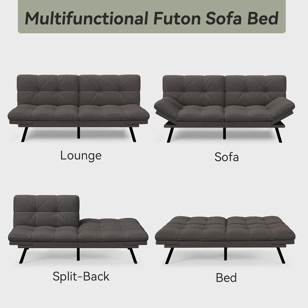 Convertible Futon Sofa Bed,71' Memory Foam Futon Couch,Detachable Cushion,Adjustable Backrest & Armrest,Linen Modern Loveseat Sleeper Recliner for Living Room,Office,Apartment,Classic Grey
