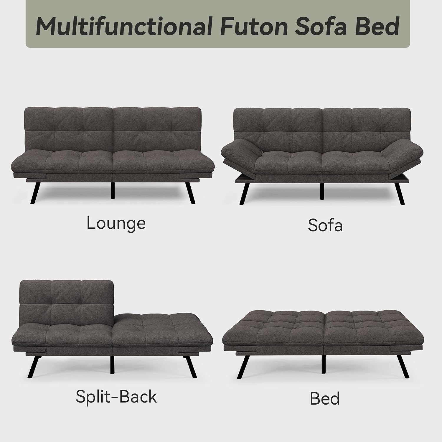 Convertible Futon Sofa Bed,71' Memory Foam Futon Couch,Detachable Cushion,Adjustable Backrest & Armrest,Linen Modern Loveseat Sleeper Recliner for Living Room,Office,Apartment,Classic Grey