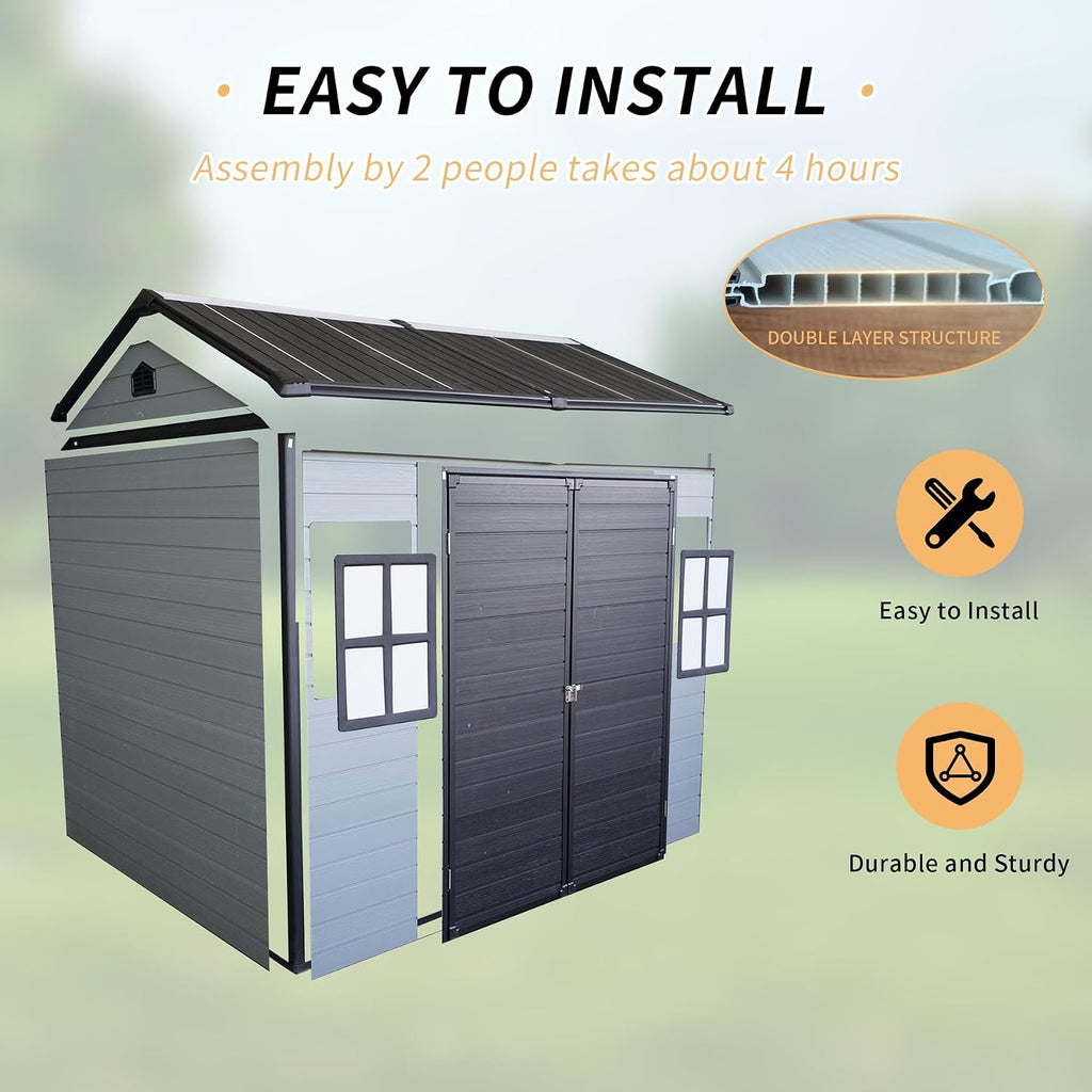 8x6FT Resin Outdoor Storage Shed with 2 Windows, Outdoor Storage Shed with Floor Lockable Door for Garden Tools, Bicycles, Trash Cans, Gray+Black (8x6 FT Steel)