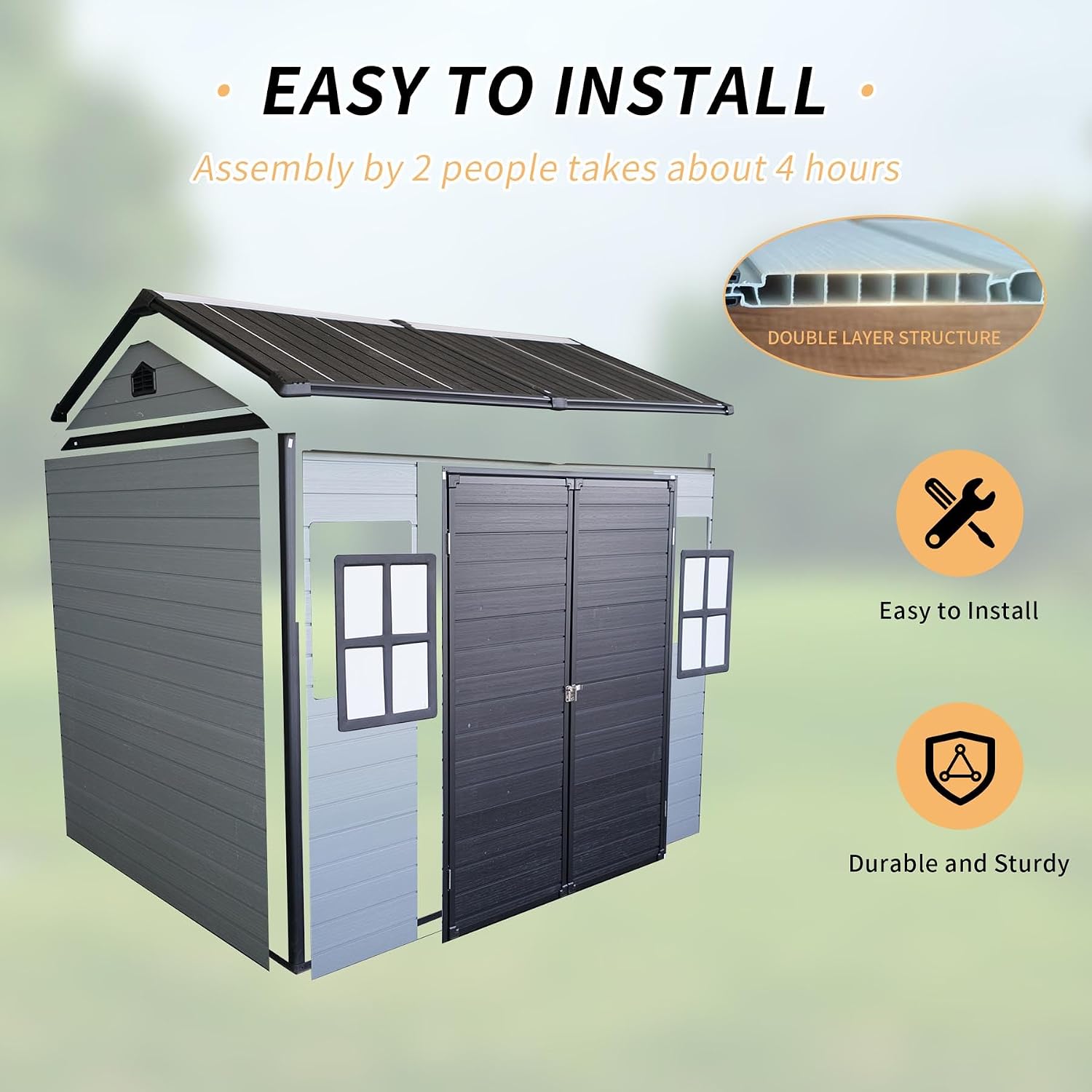 8x6FT Resin Outdoor Storage Shed with 2 Windows, Outdoor Storage Shed with Floor Lockable Door for Garden Tools, Bicycles, Trash Cans, Gray+Black (8x6 FT Steel)