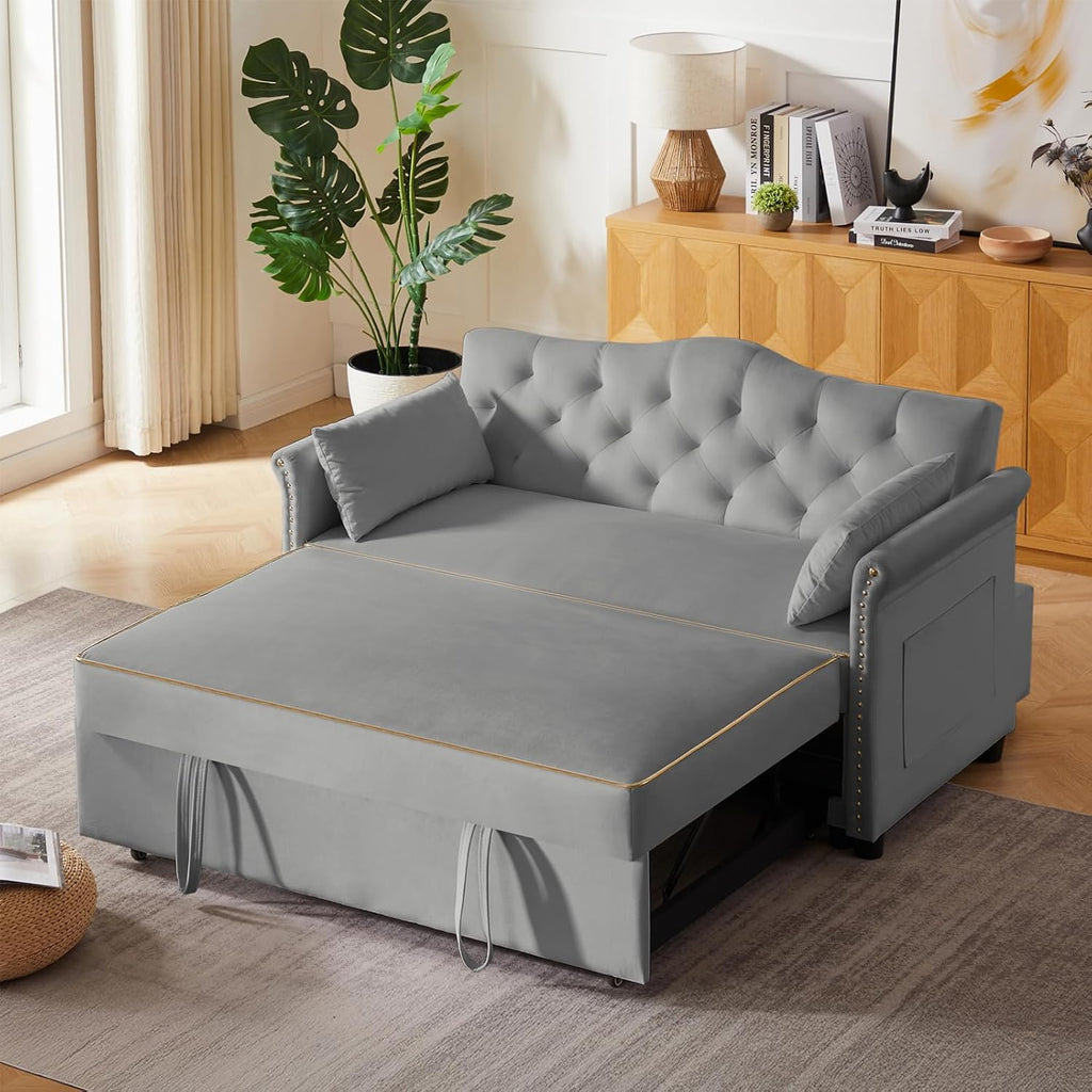 Auvsoce 57'' Convertible Sleeper Sofa Bed with Adjustable Backrest, Chaise Lounge, 2 Pillows & Side Storage Pockets – Stylish & Functional Furniture for Living Room or Small Spaces (Grey Sofa Bed)