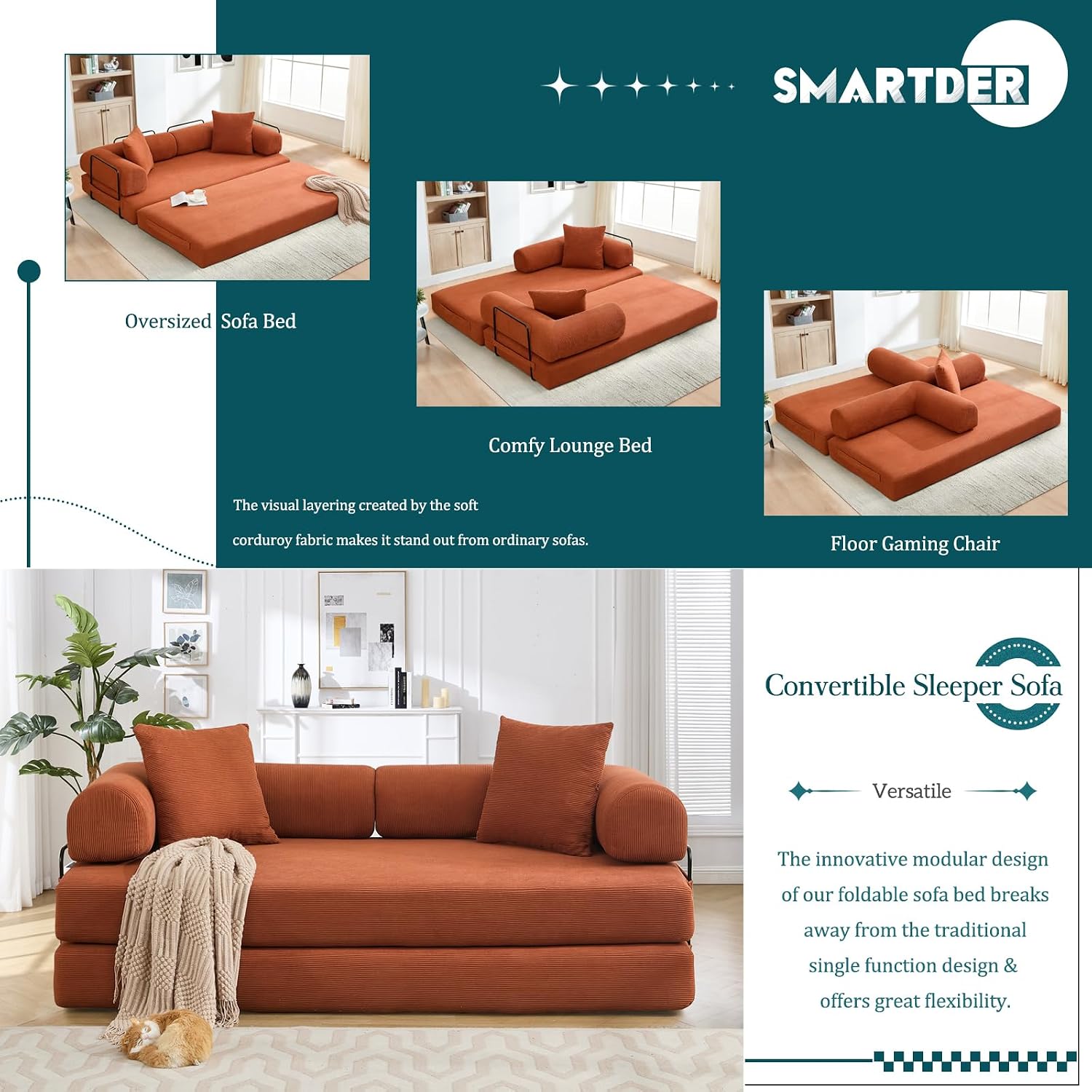 Convertible Folding Sofa Bed, Modular Floor Sofa with Removable Backrest, 3-Seater Fold Out Couch Bed with Pillows, King Size Futon Lazy Couch Corduroy Sleeper for Living Room, Dorm, Orange