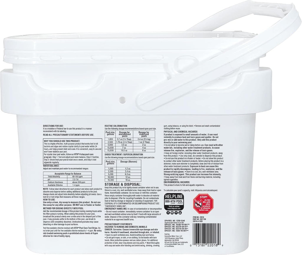 HTH Pool Care Chlorine Granules Ultra, Swimming Pool Chlorinating Sanitizer & Shock, Kills Bacteria & Algae, 18 lbs