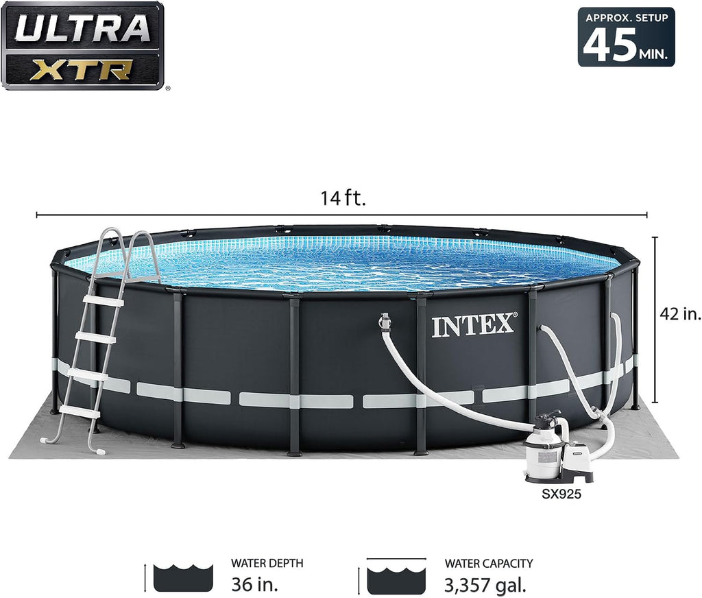Intex Ultra XTR Frame 14' x 42' Round Above Ground Outdoor Swimming Pool Set with Sand Filter Pump, Ladder, Ground Cloth, and Pool Cover
