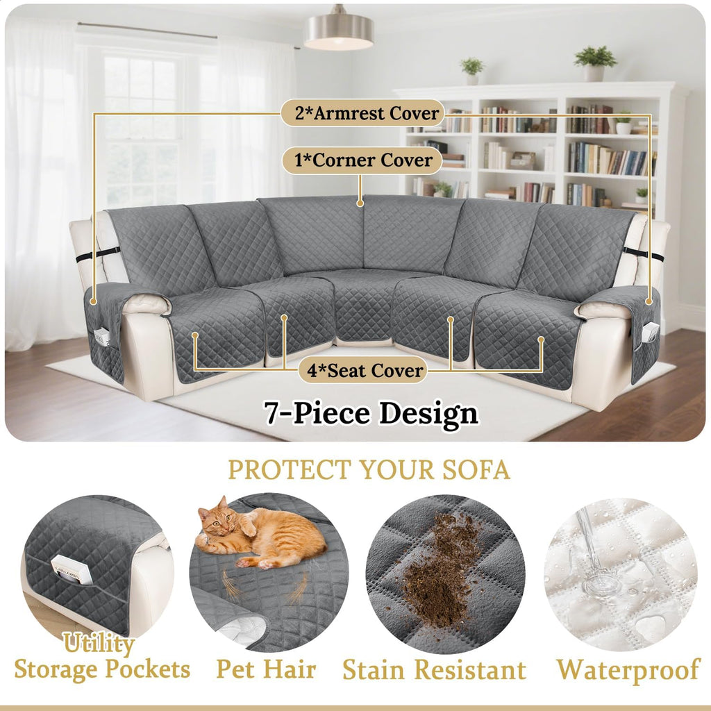 HDCAXKJ 100% Waterproof Velvet Recliner Sectional Couch Covers L Shaped Corner Reclining Sofa Cover Washable Thick Non Slip Sectional Slipcover with Pockets (5 Seat Recliner Couch, Grey)