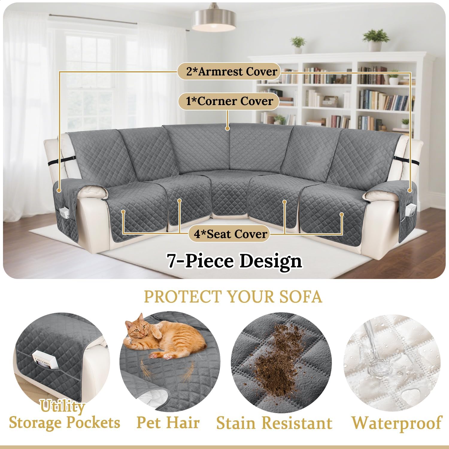 HDCAXKJ 100% Waterproof Velvet Recliner Sectional Couch Covers L Shaped Corner Reclining Sofa Cover Washable Thick Non Slip Sectional Slipcover with Pockets (5 Seat Recliner Couch, Grey)