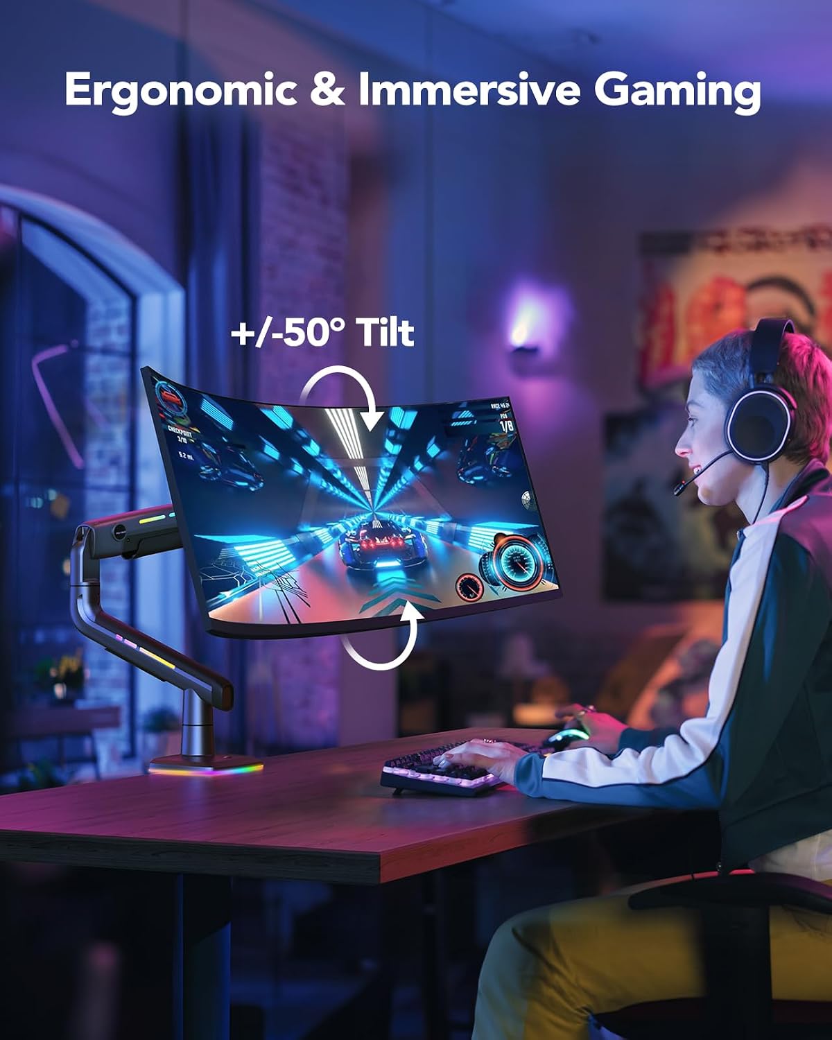 HUANUO TitanLift Monitor Arm for Ultrawide Screens up to 49″, Heavy-Duty Single Mount Holds 44 lbs, Fully Adjustable Gaming Monitor Arm with C-Clamp & Grommet Base, Max VESA 100 x 100mm, RGB
