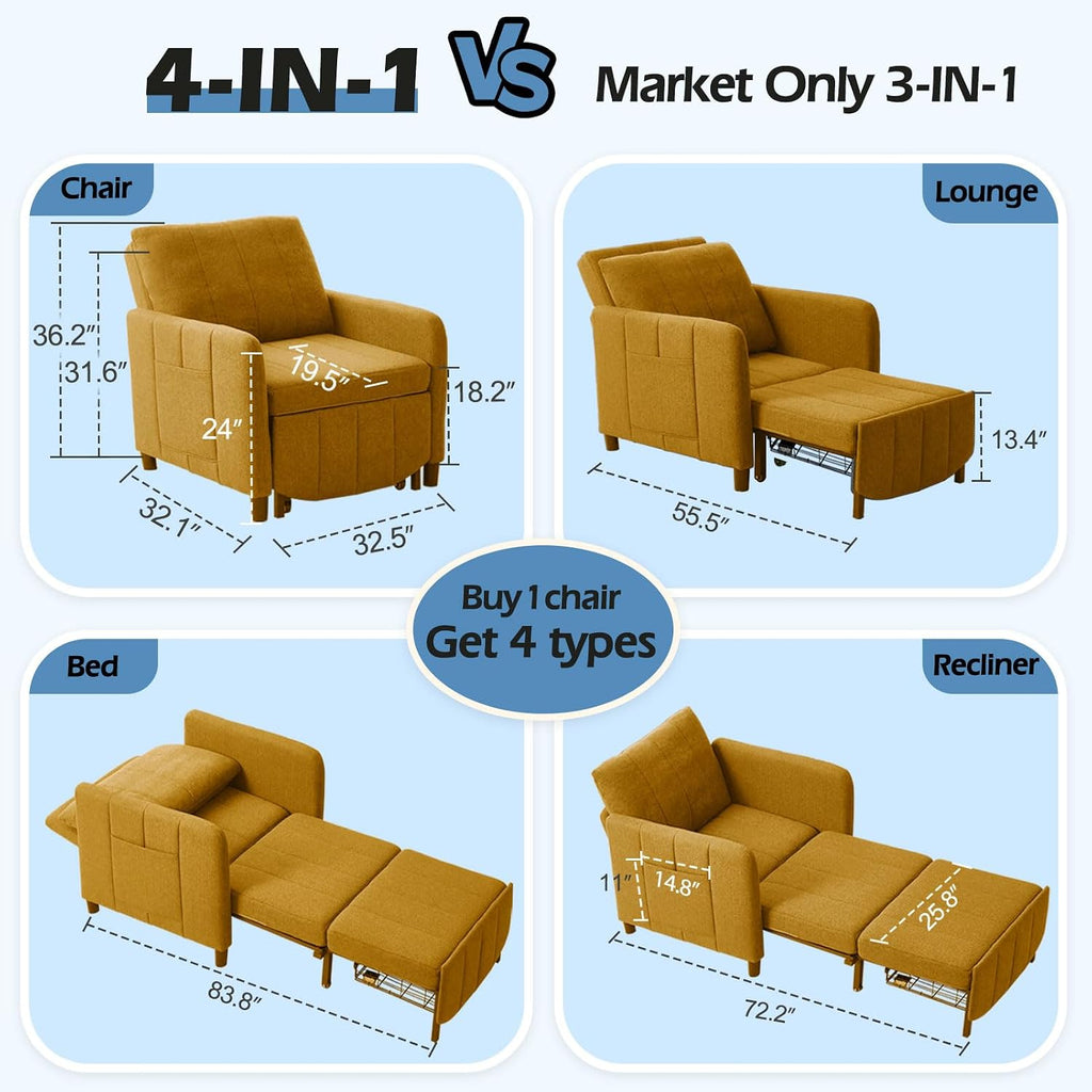 ZZW Sleeper Chair 84' Extra Long Convertible Chair Bed Upgraded 3-in-1 to 4-in-1 Pull Out Chair & Single Sofa Bed for Adult Sleeping Chairs for Living Room & Small Space