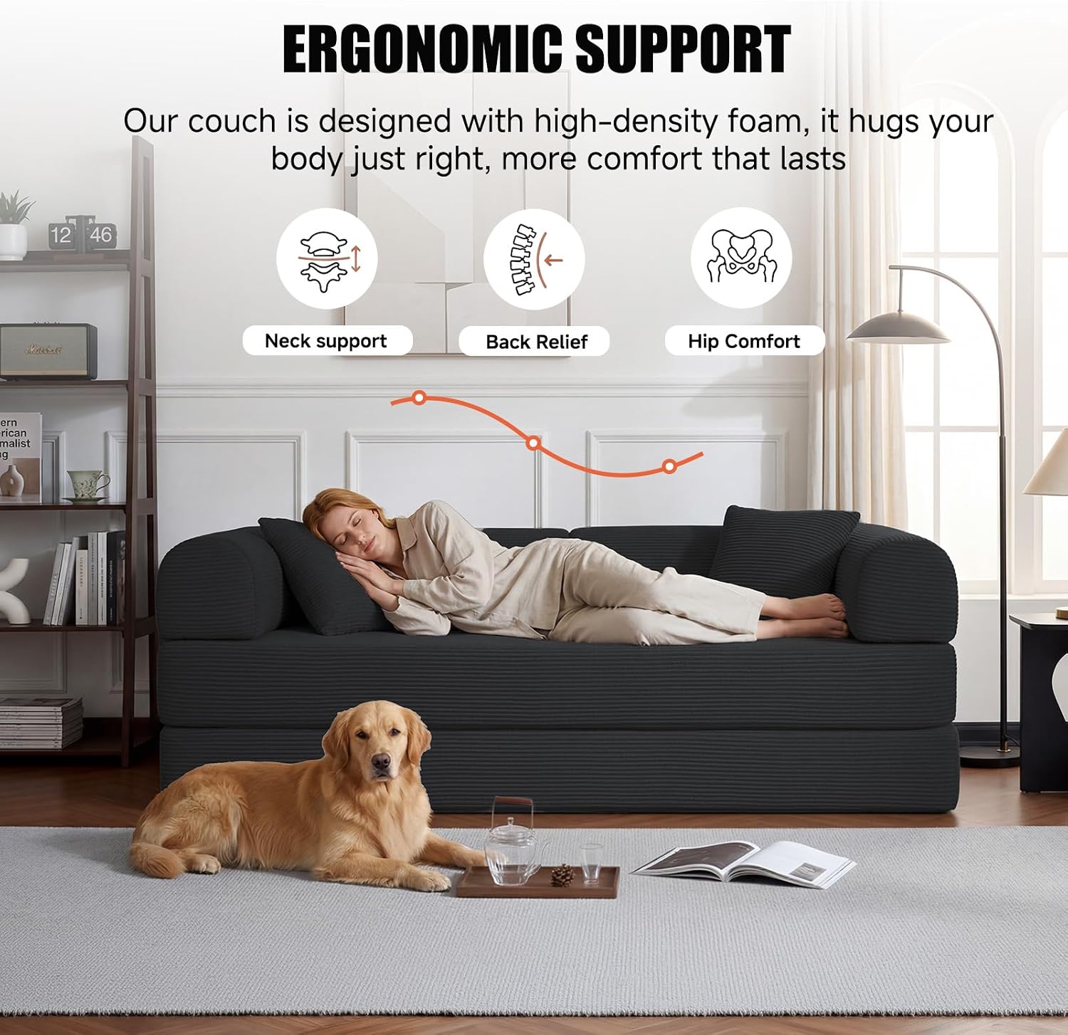79' Compressed Sofa, Convertible Sofa Bed, Corduroy Compression Boneless Couch with Pillow, Comfy Modular Foldable Floor Sleeper Sofa for Bedroom, Living Room, Lounge, Studio (Black)