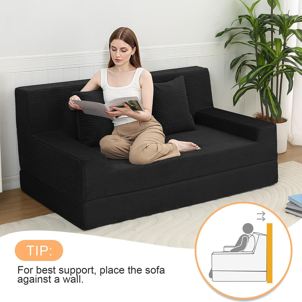 MeMoreCool 59' Loveseat Boneless Couch — Convertible Futon Sofa Bed, Corduroy Foldable 2-in-1 Floor Sleeper for Small Living Room, Apartment, Guest Room, High-Density Foam Support & Washable Cover