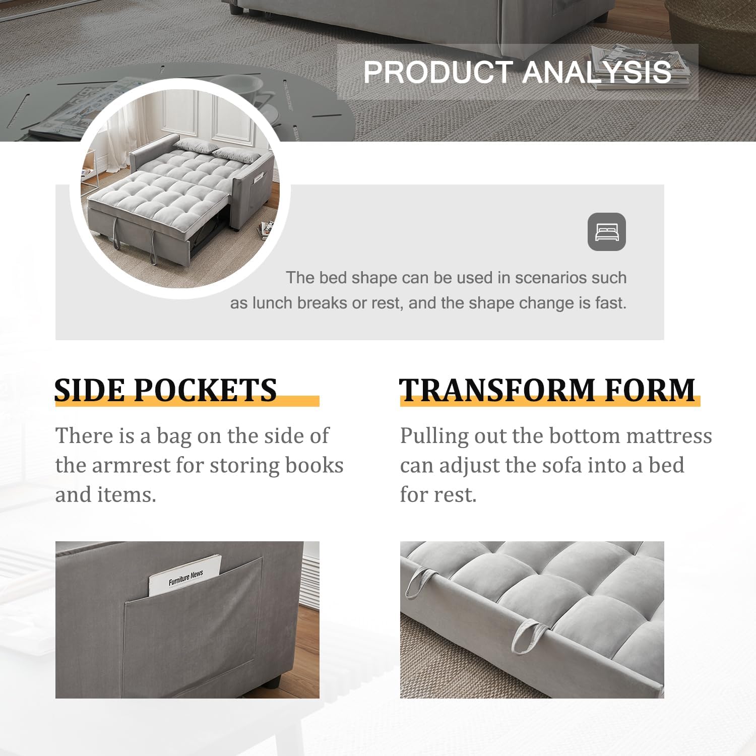 3-in-1 Loveseat Sleeper Sofa, Modern 55.5' Pull Out Couch, Velvet Upholstered Futon Sofa Bed with Adjustable Backrest, Convertible Sofa Bed with Storage Pockets for Living Room(Light Grey)