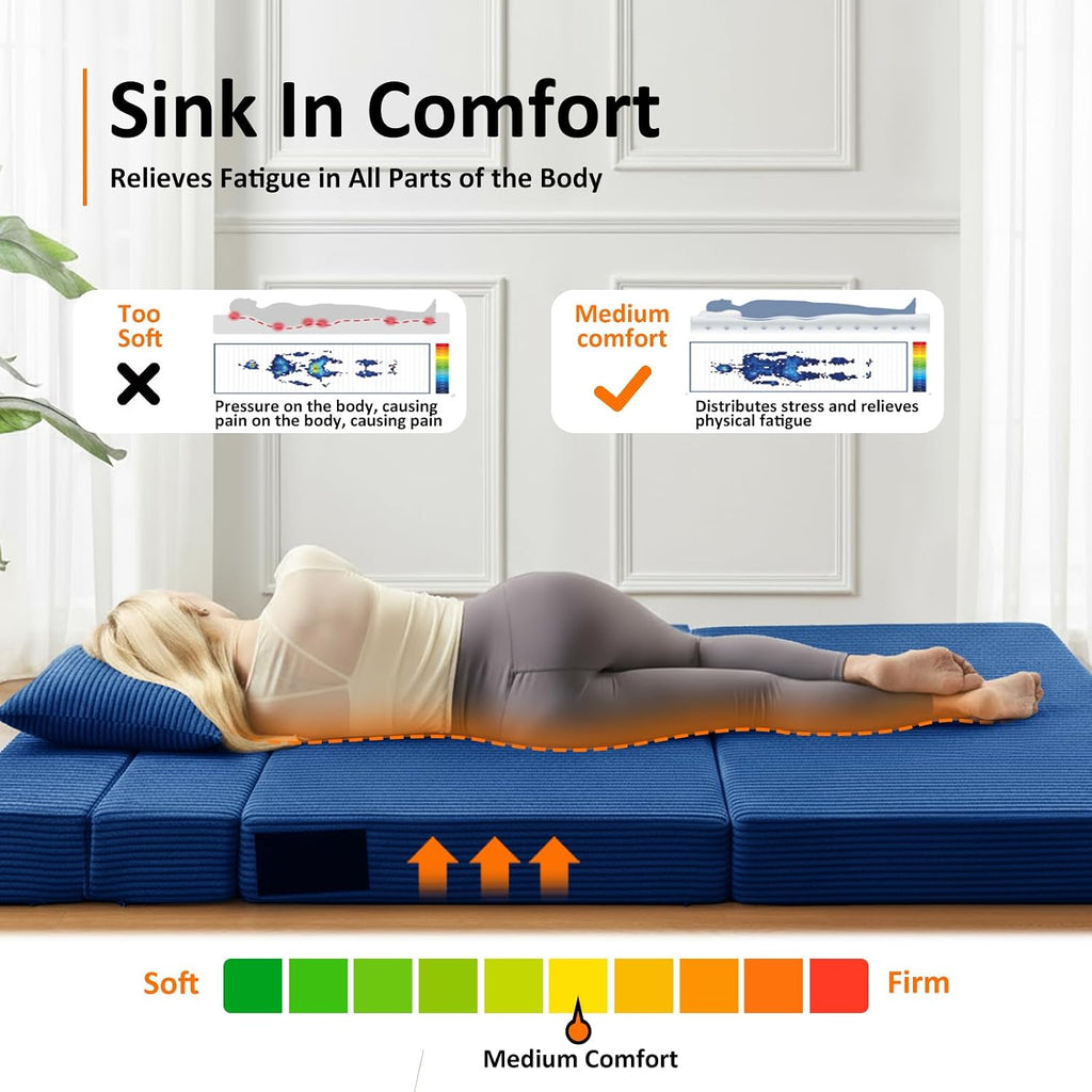JKMAX Twin Size Folding Sofa Bed - 4 in 1 Convertible Sleeper Chair with Pillow - High Density Memory Foam Futon Couch - Foldable Bed for Living Room Bedroom (Blue)