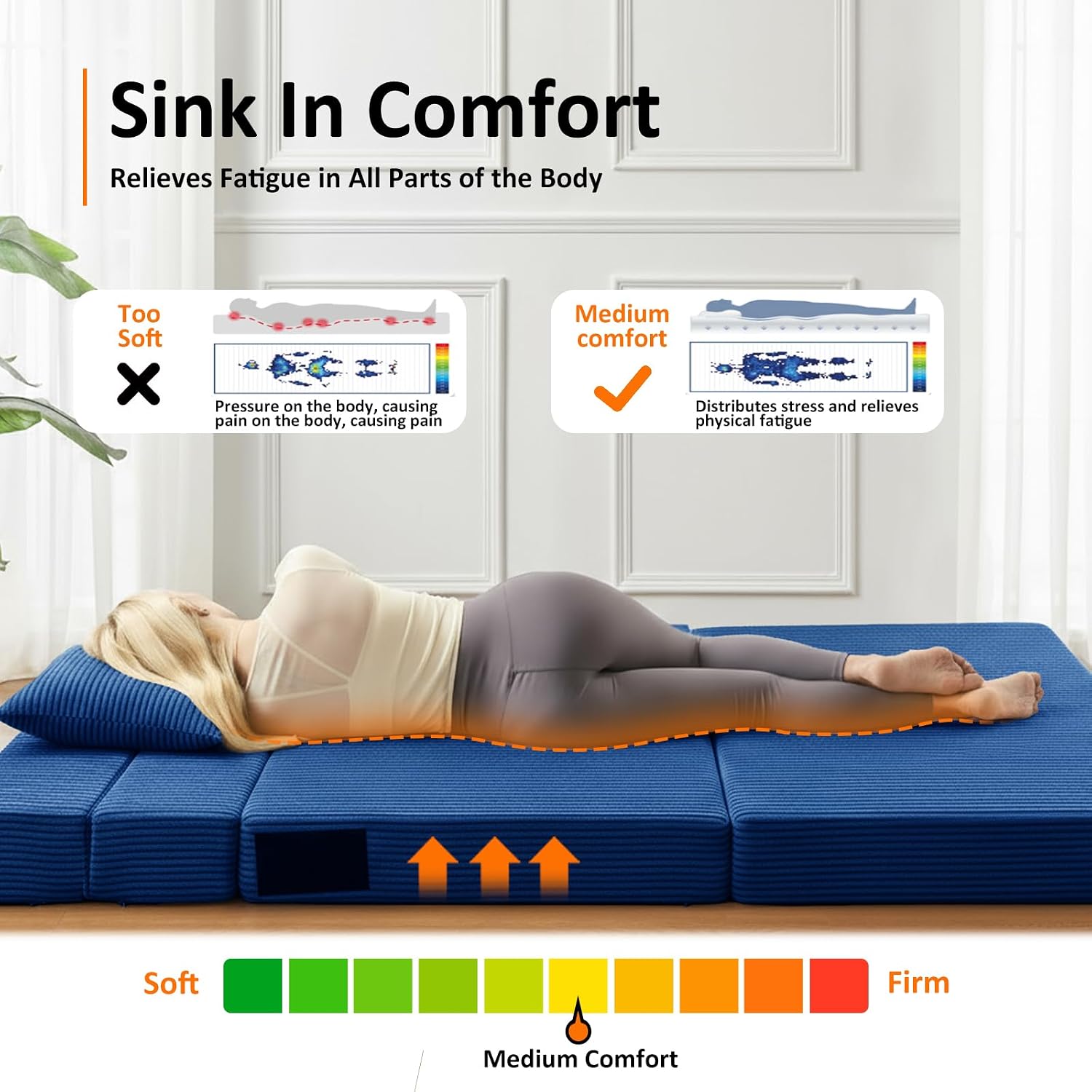 JKMAX Twin Size Folding Sofa Bed - 4 in 1 Convertible Sleeper Chair with Pillow - High Density Memory Foam Futon Couch - Foldable Bed for Living Room Bedroom (Blue)